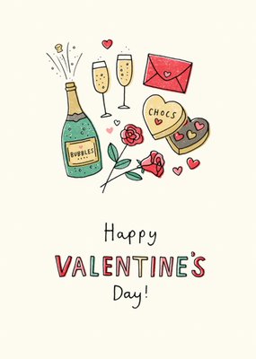 Illustrated Champagne And Chocolates Valentine's Day Card