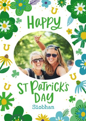 Illustration Of Colourful Flowers Shamrocks And Horseshoes Saint Patrick's Day Photo Upload Card