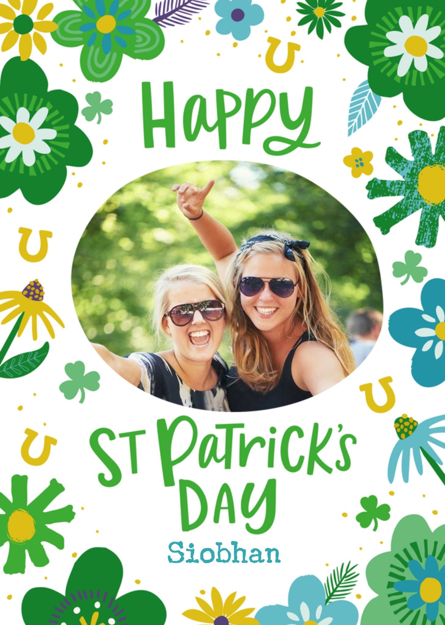 Moonpig Illustration Of Colourful Flowers Shamrocks And Horseshoes Saint Patrick's Day Photo Upload 