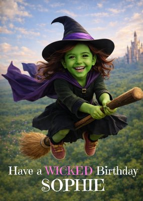Green Witch Flying Broomstick Face Swap Birthday Card