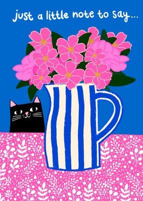 Cute Illustrated Black Cat And Pink Flowers Just A Note Card