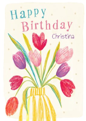 Colourful Illustrated Tulips In A Vase Happy Birthday Card   