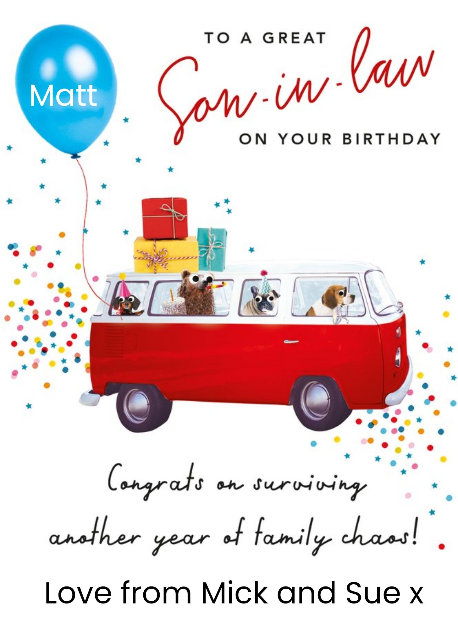 Moonpig Clintons Illustrated Camper Van With Dogs In It To A Great Son In Law On Your Birthday Card