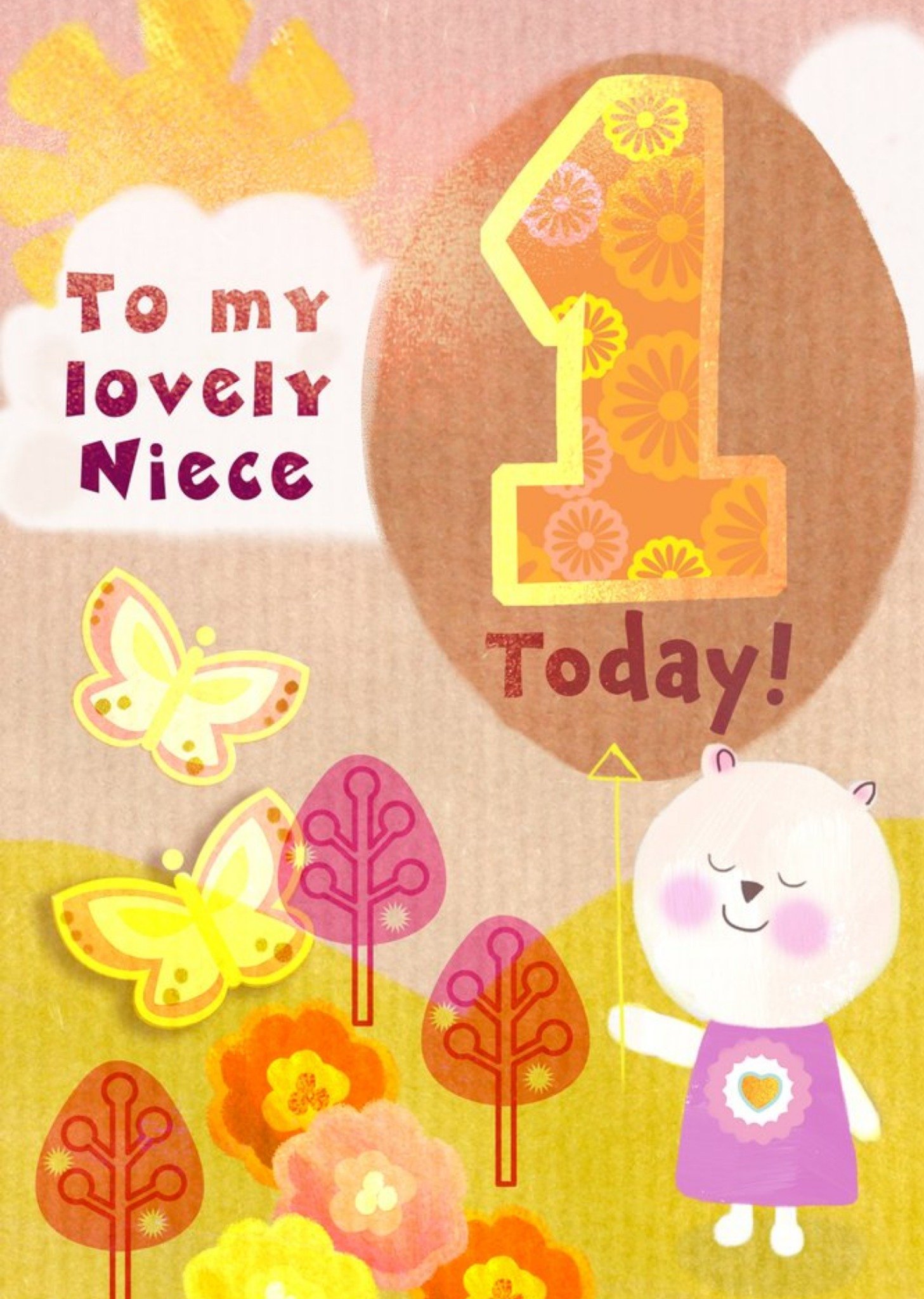 Moonpig Bear And Butterflies To My Lovely Niece 1 Today Birthday Card