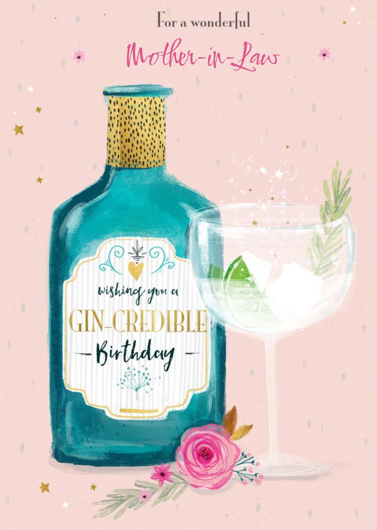 Moonpig Illustrated Gin Bottle For A Wonderfull Mother-In-Law Gin Credible Birthday Card