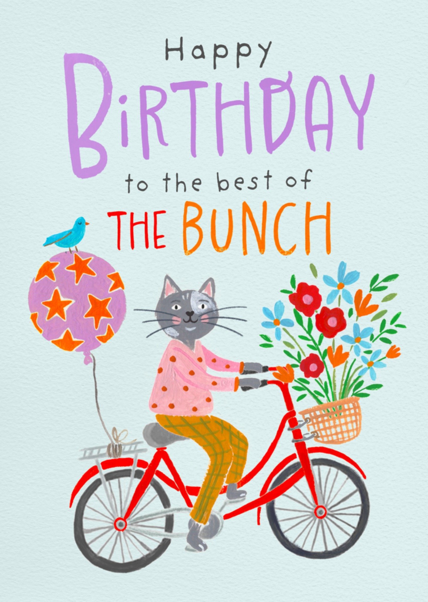Moonpig Happy Birthday To The Best Of The Bunch Illustrated Cat Riding A Bike Birthday Card Ecard