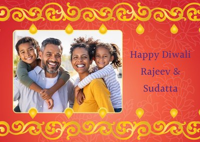 Red And Metallic Gold Happy Diwali Photo Card