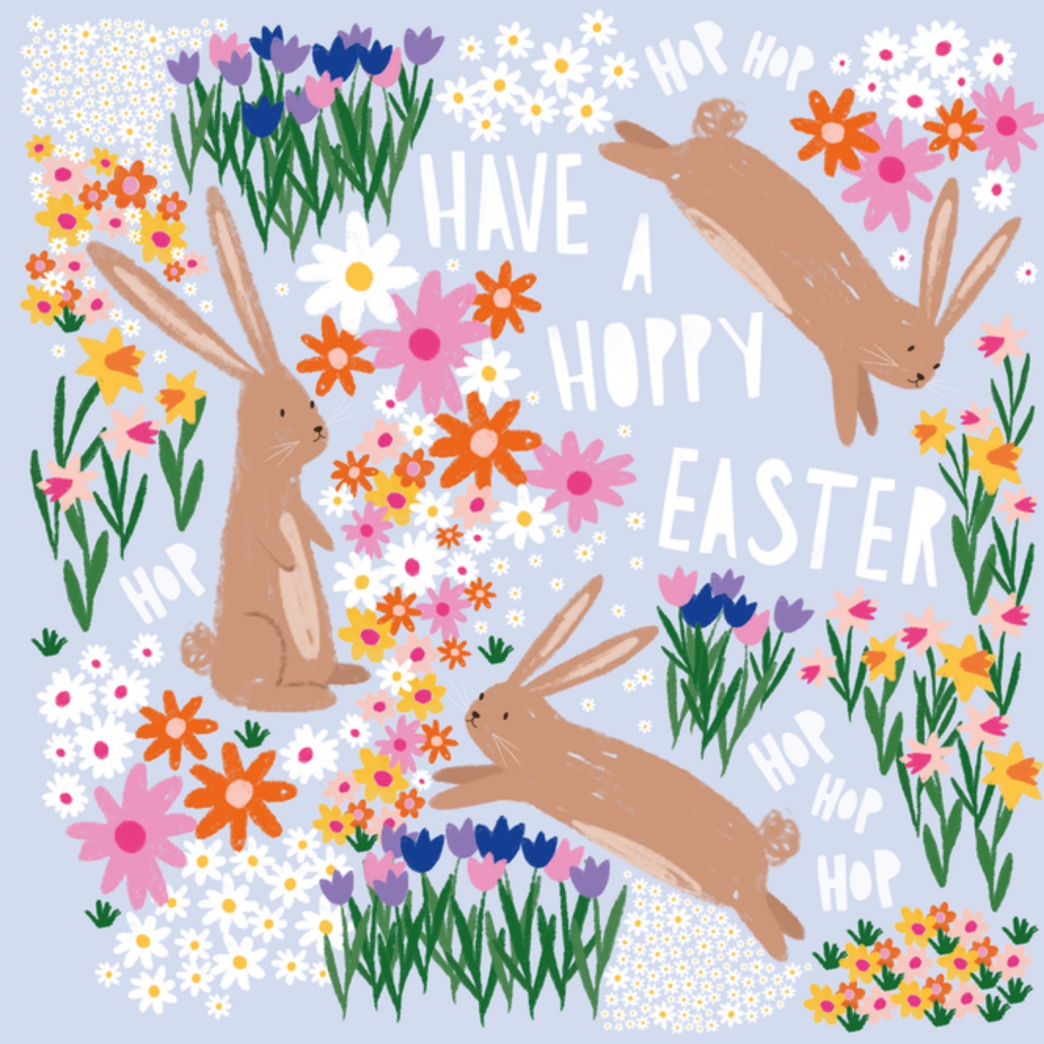 Ling Design Cute Hoppy Bunny And Flowers Illustrated Easter Card