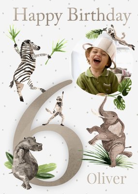 Watecolour Illustrated Photo Upload Dancing Animals 6th Birthday Card