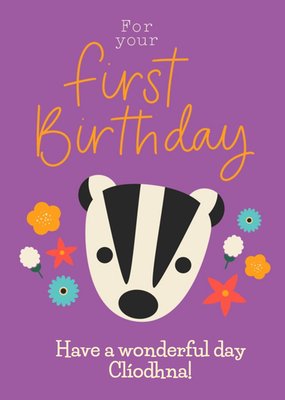 Flowers and Badger Illustration First Birthday Card