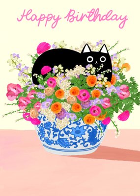 Illustrated Black Cat And Floral Bouquet Birthday Card