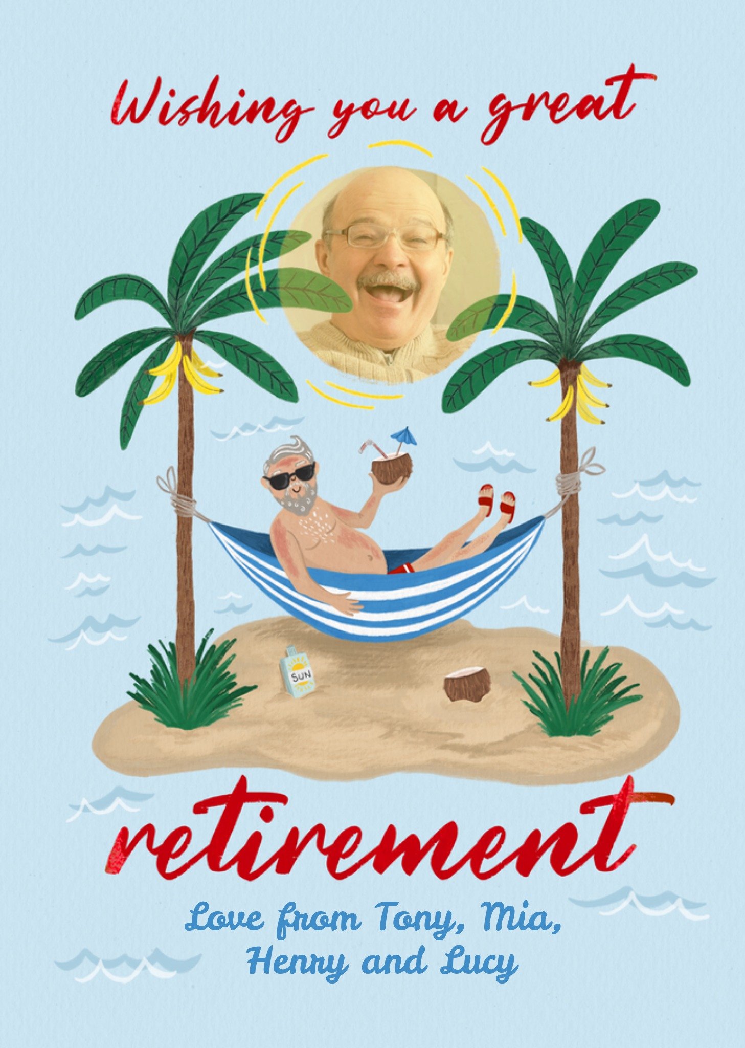 Moonpig Fizz Pop Wishing You A Great Retirement Illustrated Desert Island Card Ecard