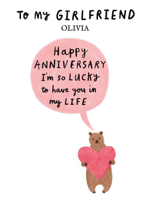 Cute Illustrative Love Heart and Bear Girlfriend Anniversary Card