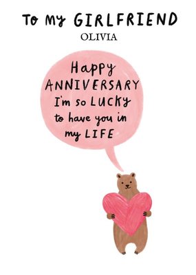 Cute Illustrative Love Heart and Bear Girlfriend Anniversary Card