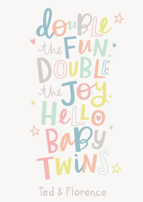  Cute Colourful Lettering New Baby Twins Arty Male Female Card 