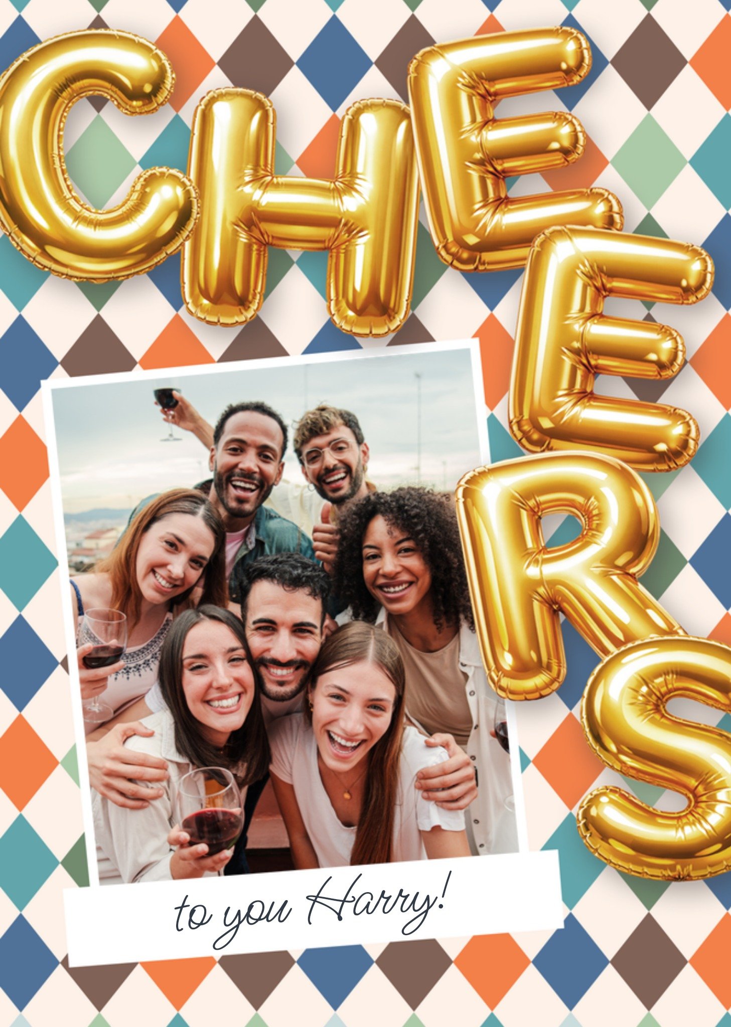 Moonpig Cheers Gold Balloon Letters Photo Upload Birthday Card
