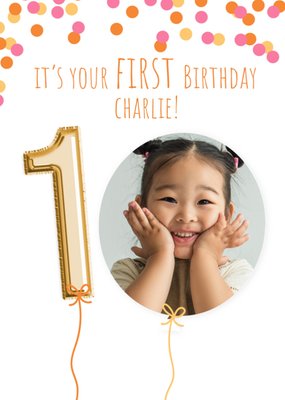 Gold Balloon Number 1st Birthday Photo Upload Card