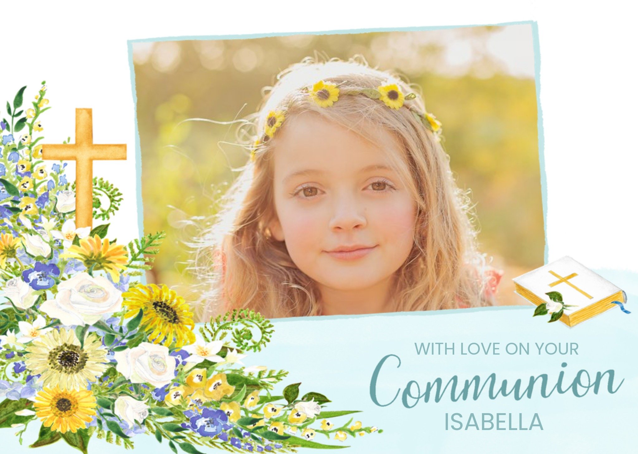 Moonpig Watercolour Illustration Of Flowers And A Bible Holly Communion Photo Upload Card