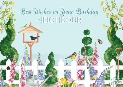 Beautiful illustration of a graden scene, icluding a white picket fence bird house and plants, with 