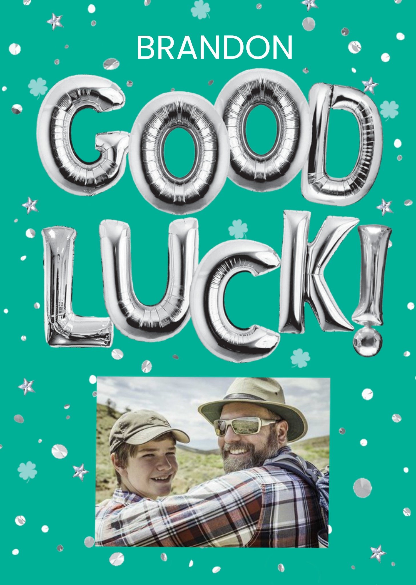 Moonpig Silver Balloon Typography On A Teal Background Good Luck Photo Upload Card