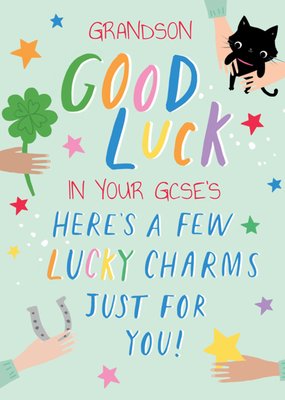 Clintons Good Luck In Your GCSE's Here's A Few Lucky Charms Just For You Illustrated Good Luck Exams Card