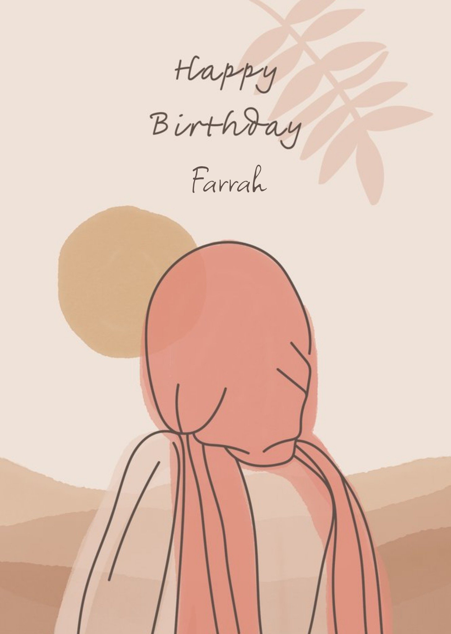 Moonpig Abstract Illustration Lady In Headress Looking At A Sunset Personalised Birthday Card