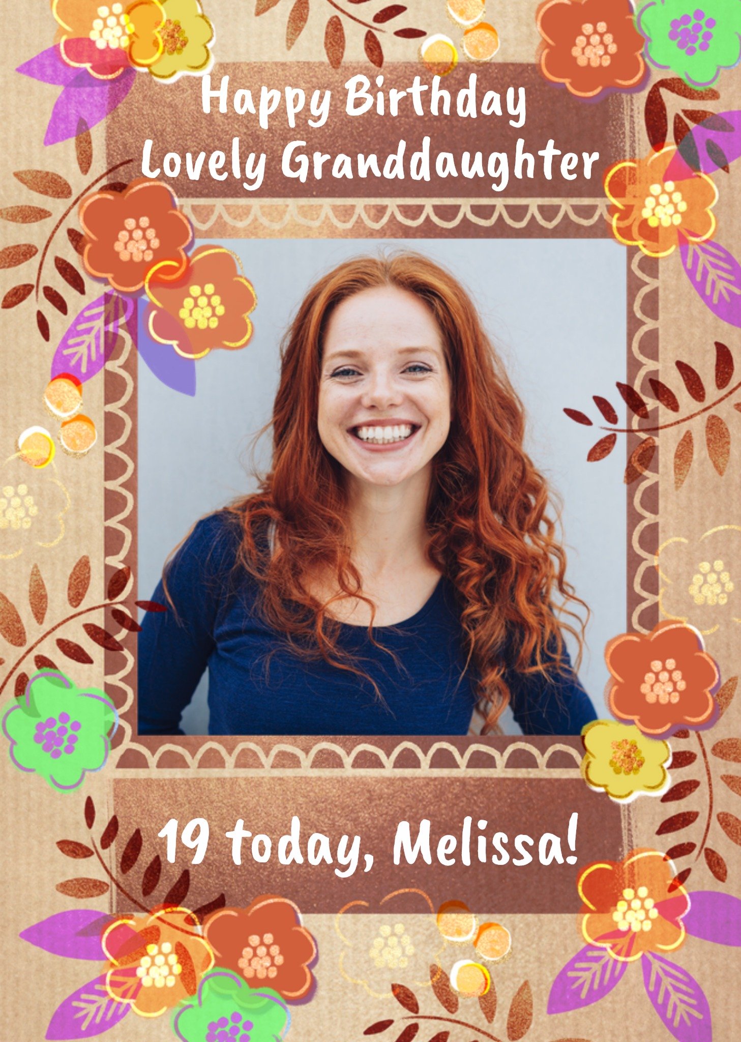 Moonpig Bright Floral Pattern Lovely Granddaughter Photo Upload 19th Birthday Card