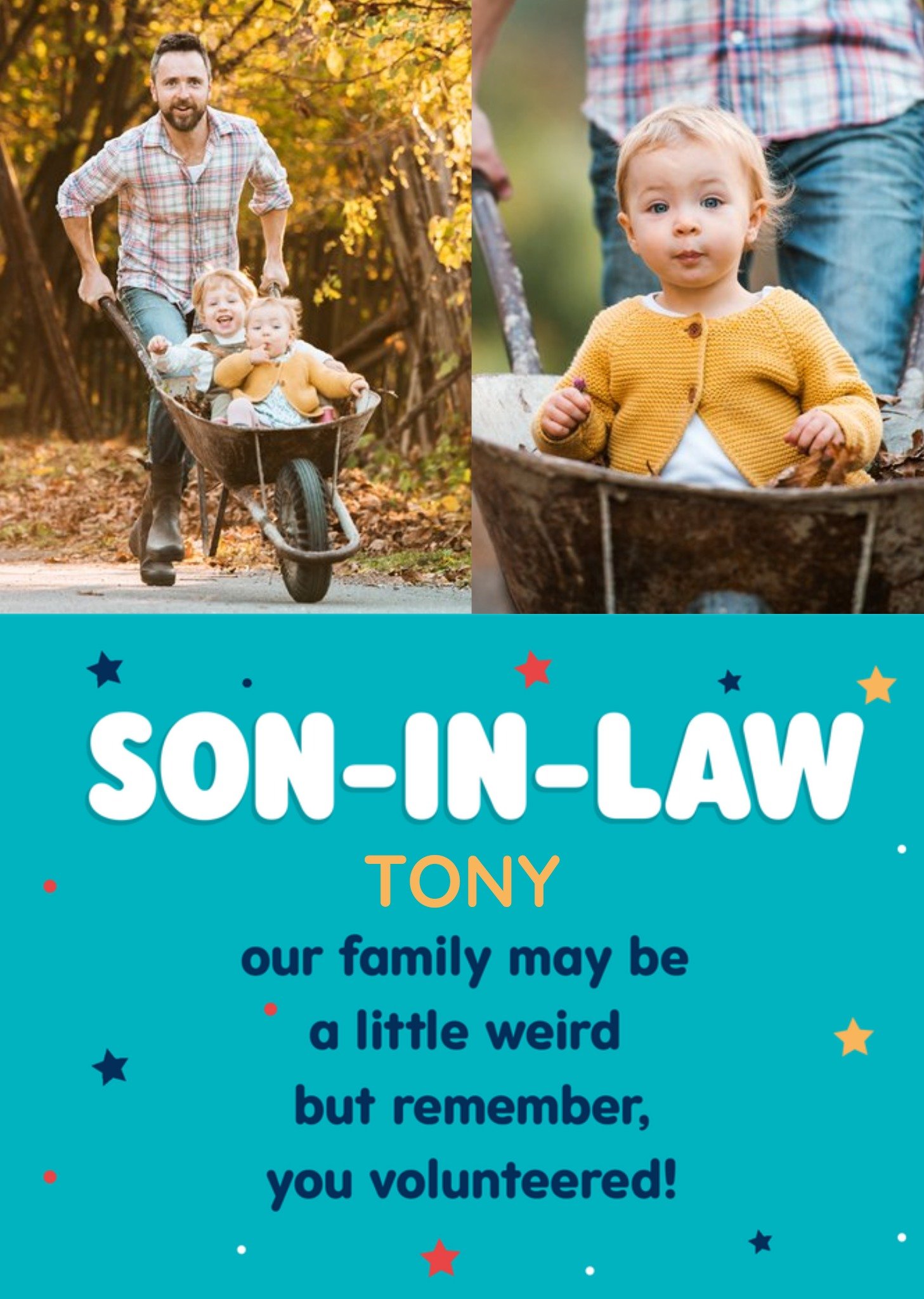 Moonpig Funny Typography Surrounded By Colourful Stars Son In Law's Photo Upload Birthday Card