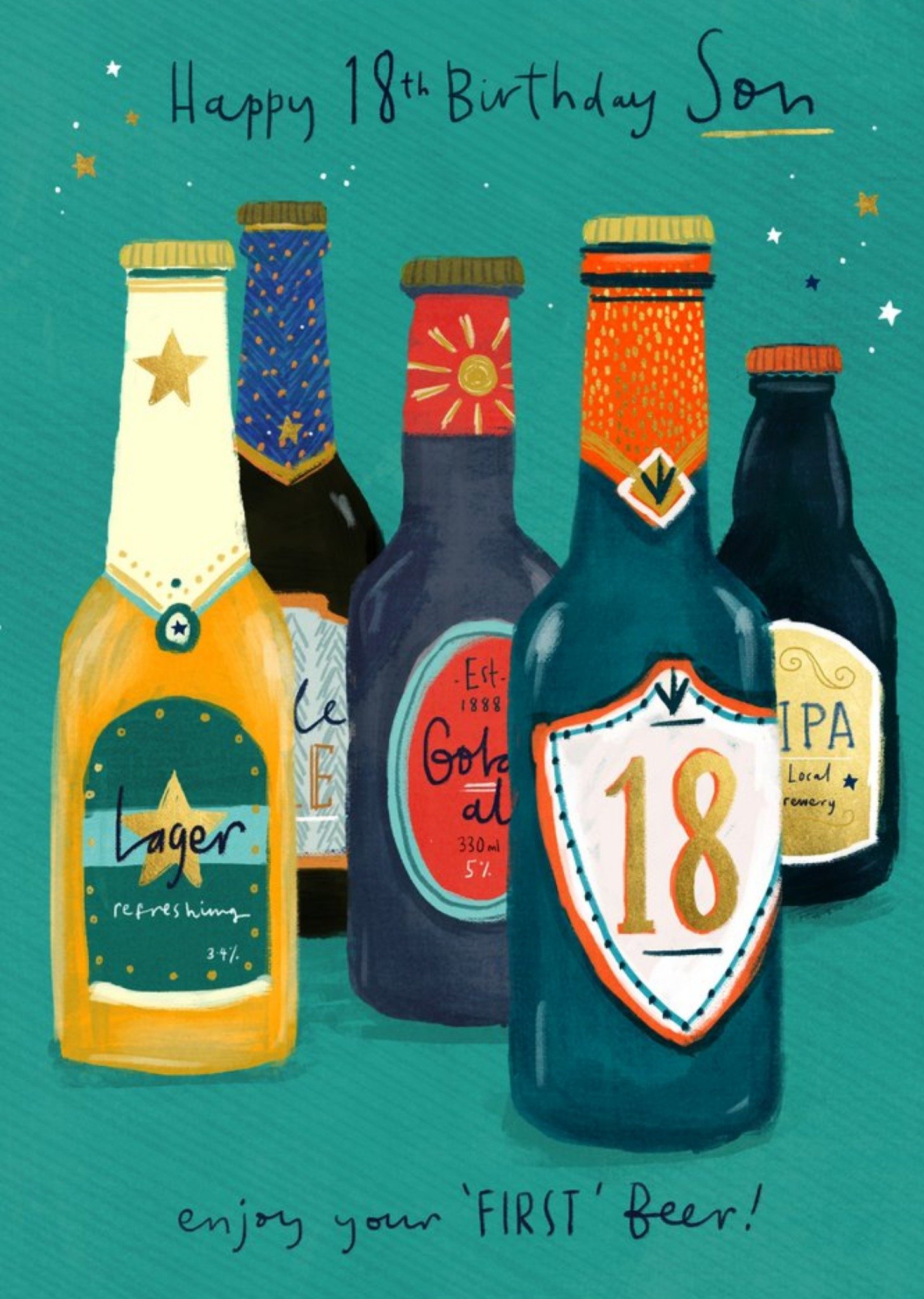 Moonpig Illustration Bottles Happy 18th Birthday Son Enjoy Your First Beer
