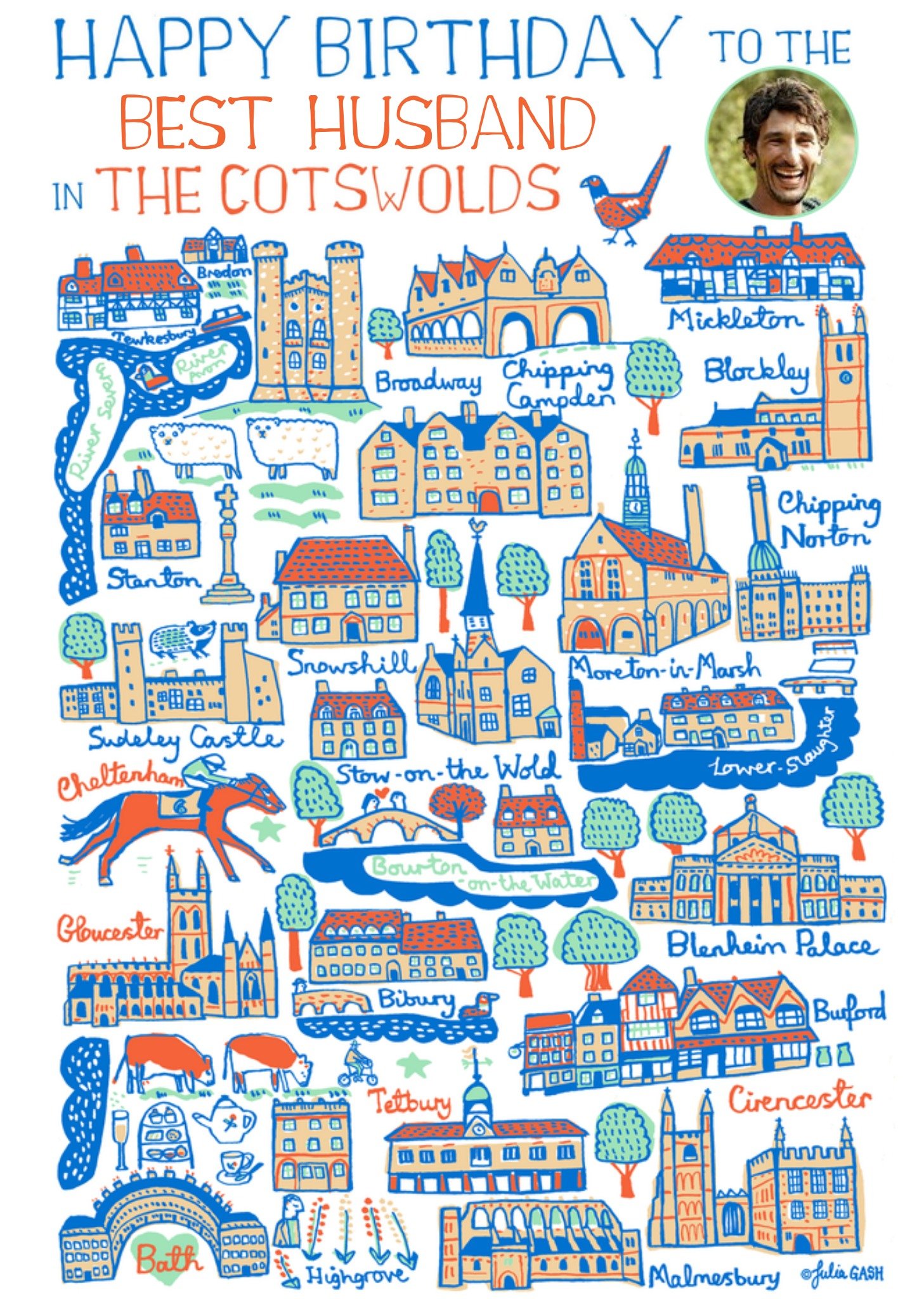 Moonpig Vibrant Collage Illustration Of The Cotswolds Photo Upload Birthday Card