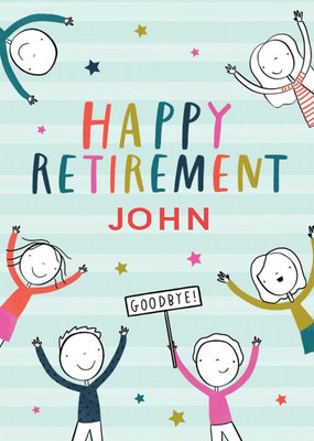 Quirky Illustration Of People Surrounding Colourful Text Happy Retirement Card