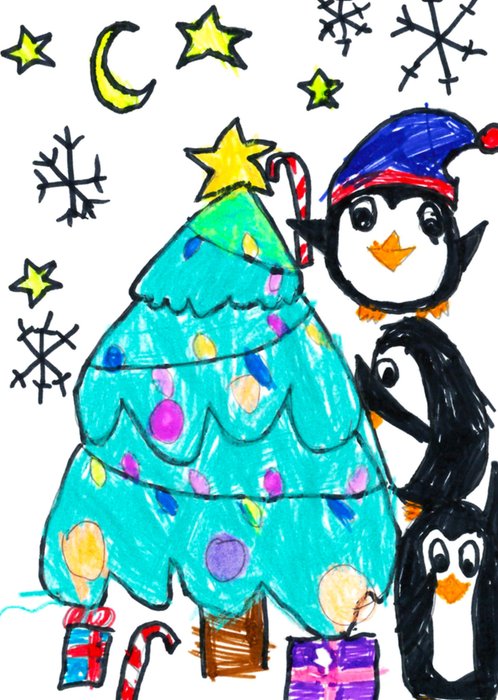 Children's Health Foundation Charity Darcie Christmas Tree And Penguins Drawing Christmas Card