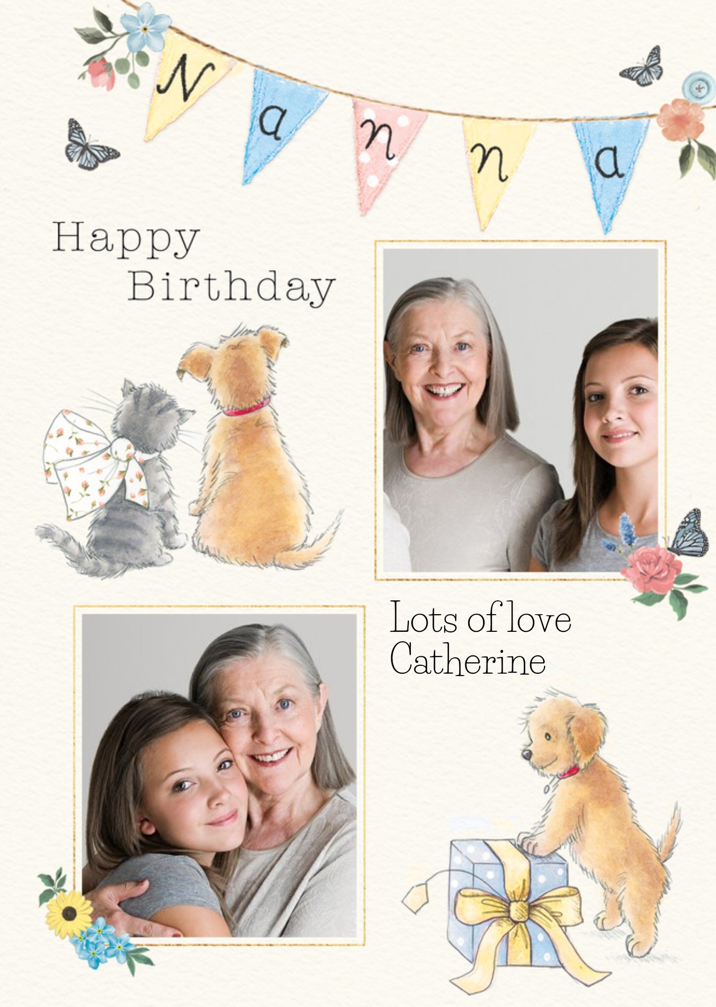 Moonpig Simple Illustrated Bunting And Puppy Happy Birthday Nana Photo Upload Card