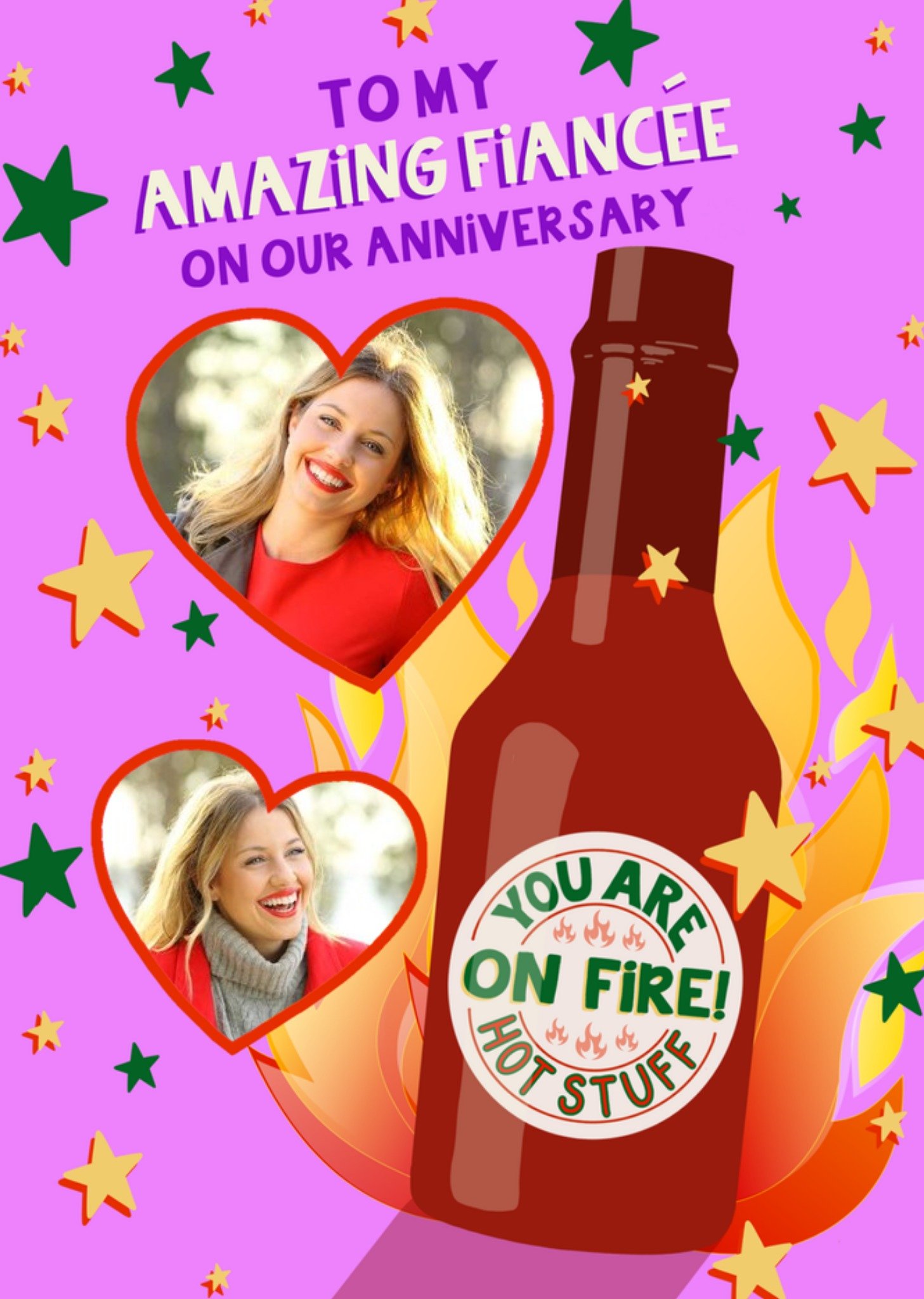 Moonpig Illustration Of A Bottle Of Hot Sauce On Fire Fiancee's Photo Upload Anniversary Card