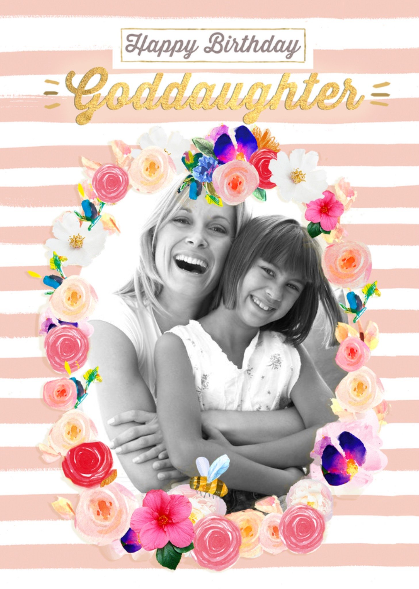 Moonpig Stripes And Flower Border Personalised Photo Upload Birthday Card For Goddaughter