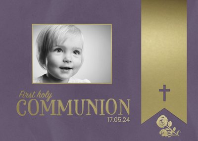 Plum And Metallic Gold Photo Upload And Personalised First Communion Card