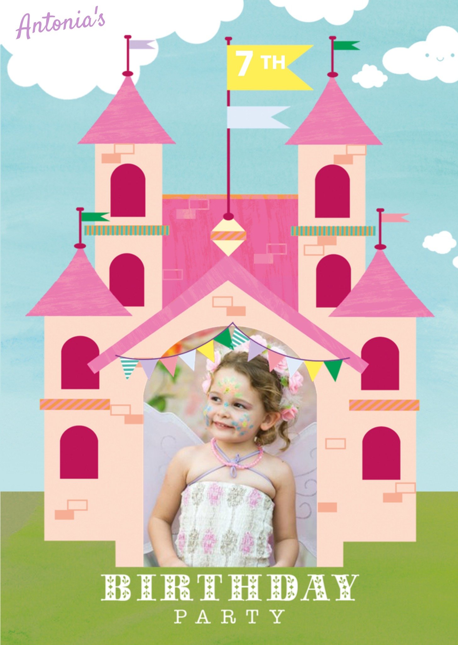 Moonpig Pink Castle Photo Upload Birthday Party Invitation