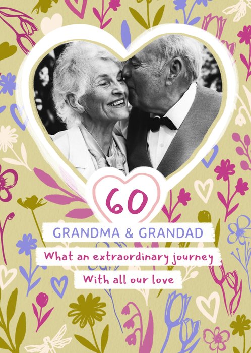 Grandma And Grandad 60th Anniversary Floral Illustrated Photo Upload Card