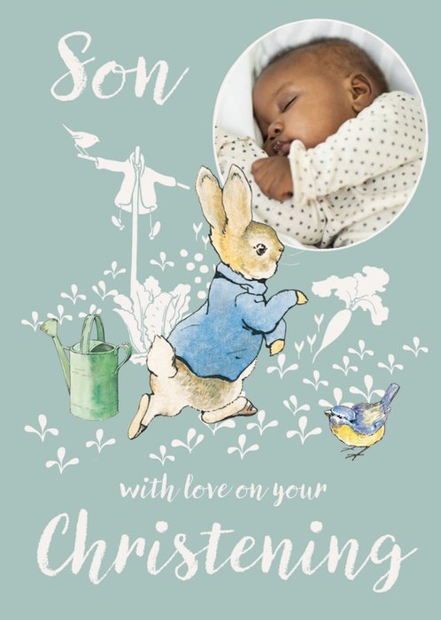 Peter Rabbit Illustration Son Christening Photo Upload Card