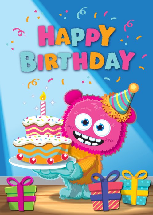 Ray The Entertainer Happy Birthday Illustrated Pink Monster Birthday Card