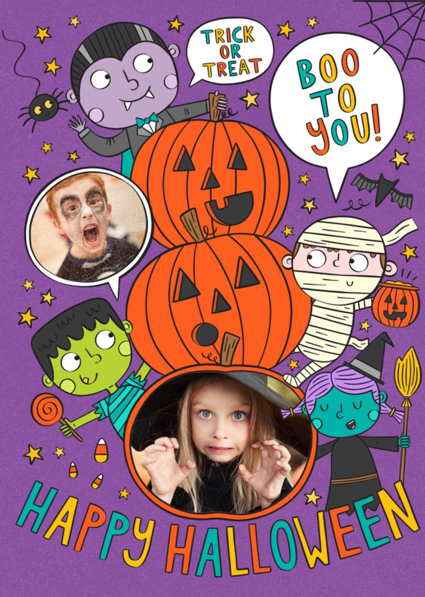 Moonpig Illustrations Of Halloween Characters Trick Or Treat Happy Halloween Photo Upload Card