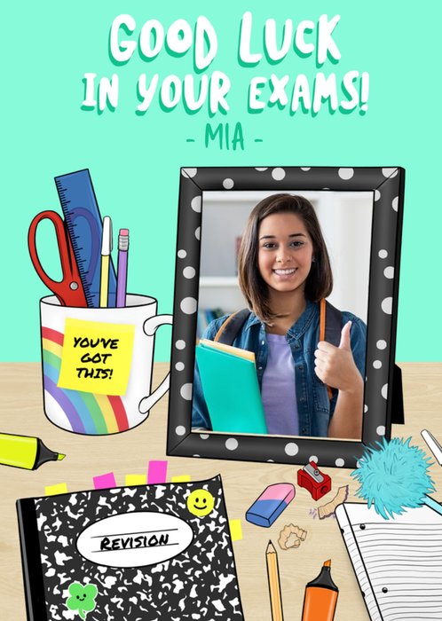 Illustration Of A Desk With Stationery And A Photo Frame Good Luck In Your Exams Photo Upload Card