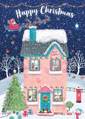 Festive Illustration Of A Cosy House With Santa And His Reindeers Flying Above Happy Christmas Postcard