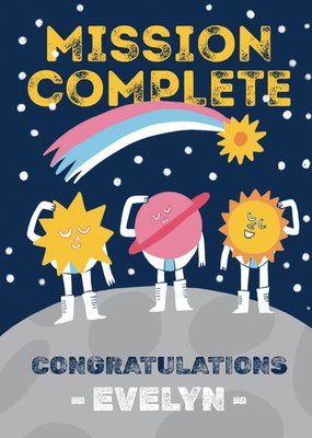 Space Themed Illustration Of Space Characters Standing On The Moon Congratulations Card