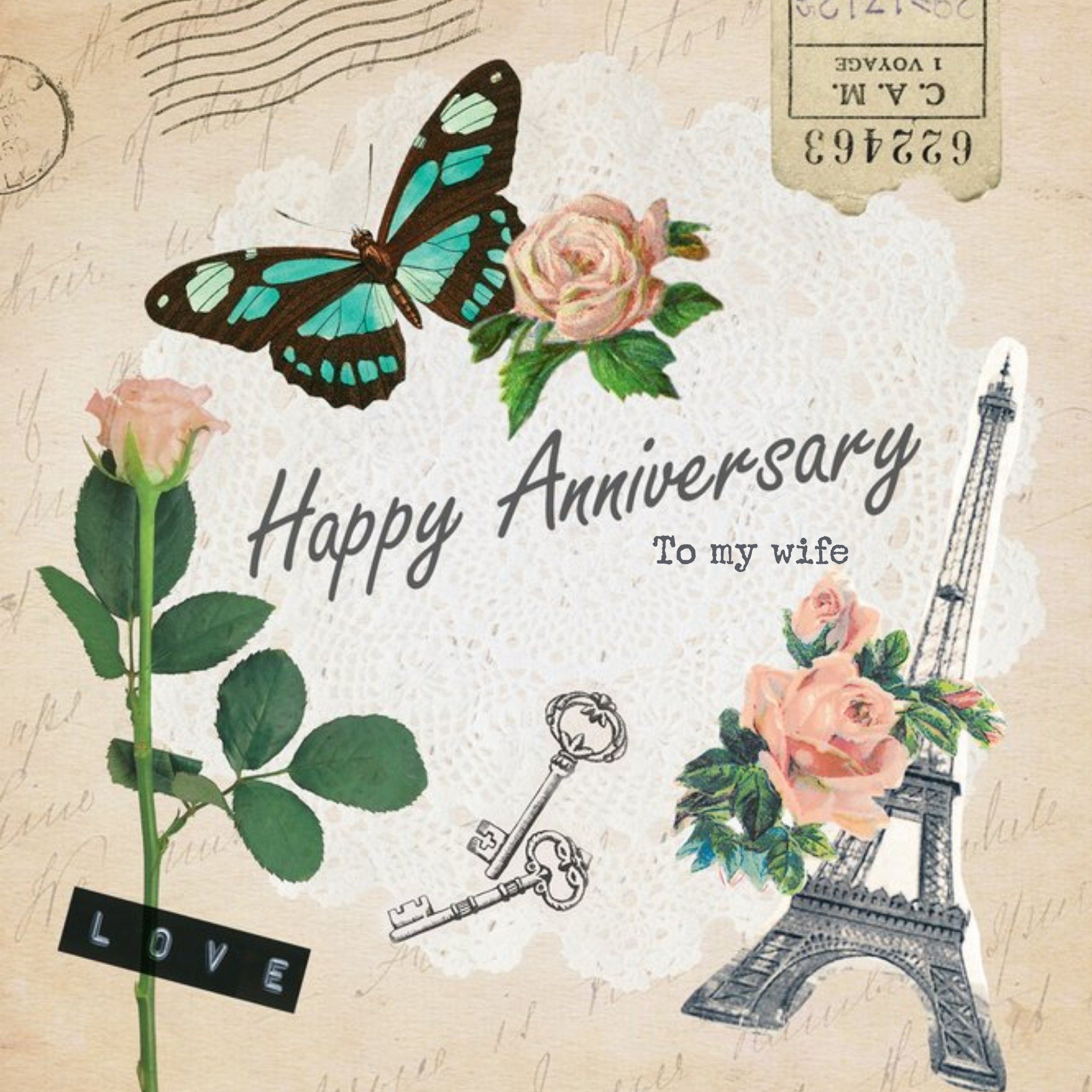 Moonpig Vintage Paris And Roses Anniversary Card For Wife