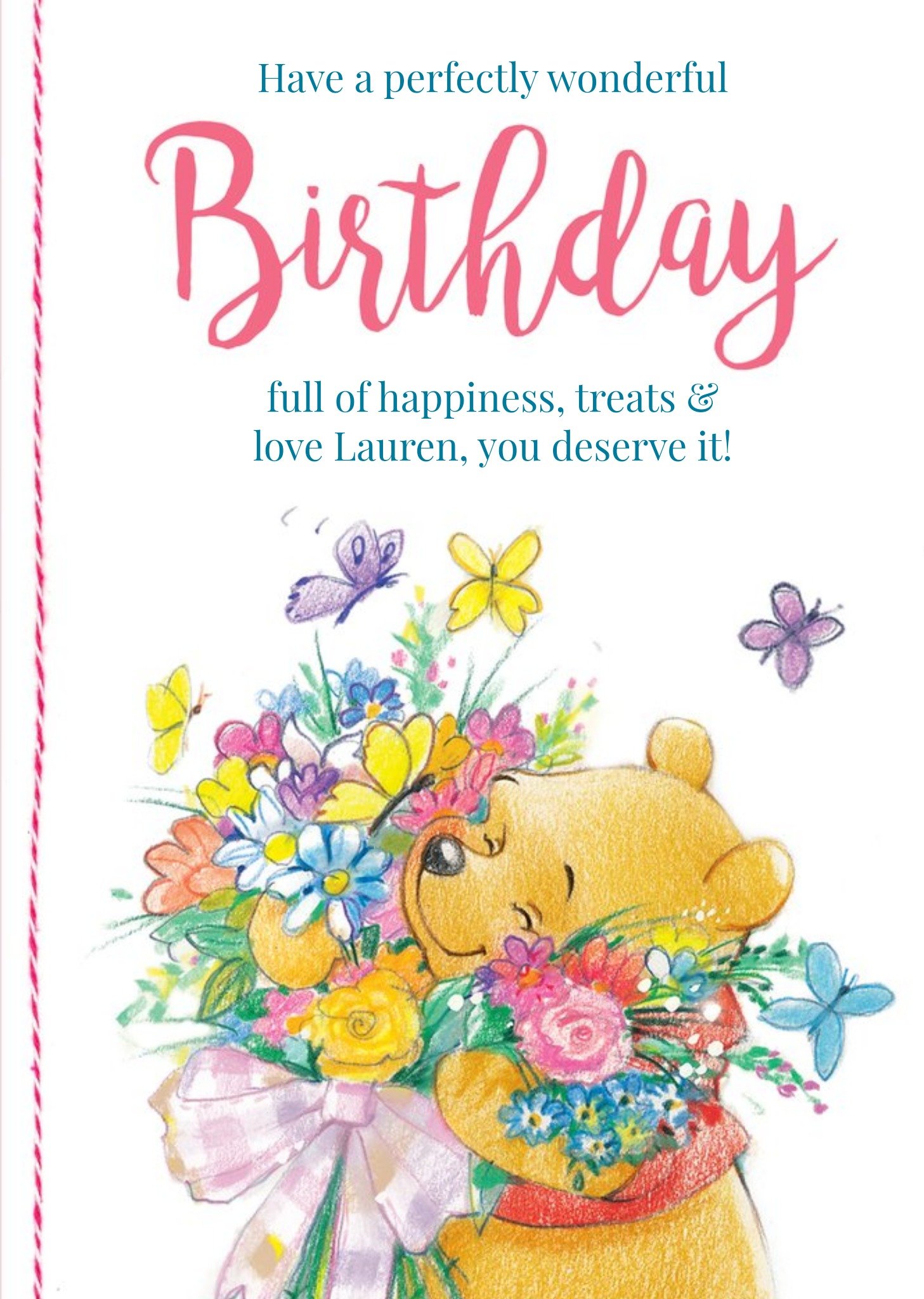 Birthday Card - Winnie The Pooh With A Bouquet Of Flowers