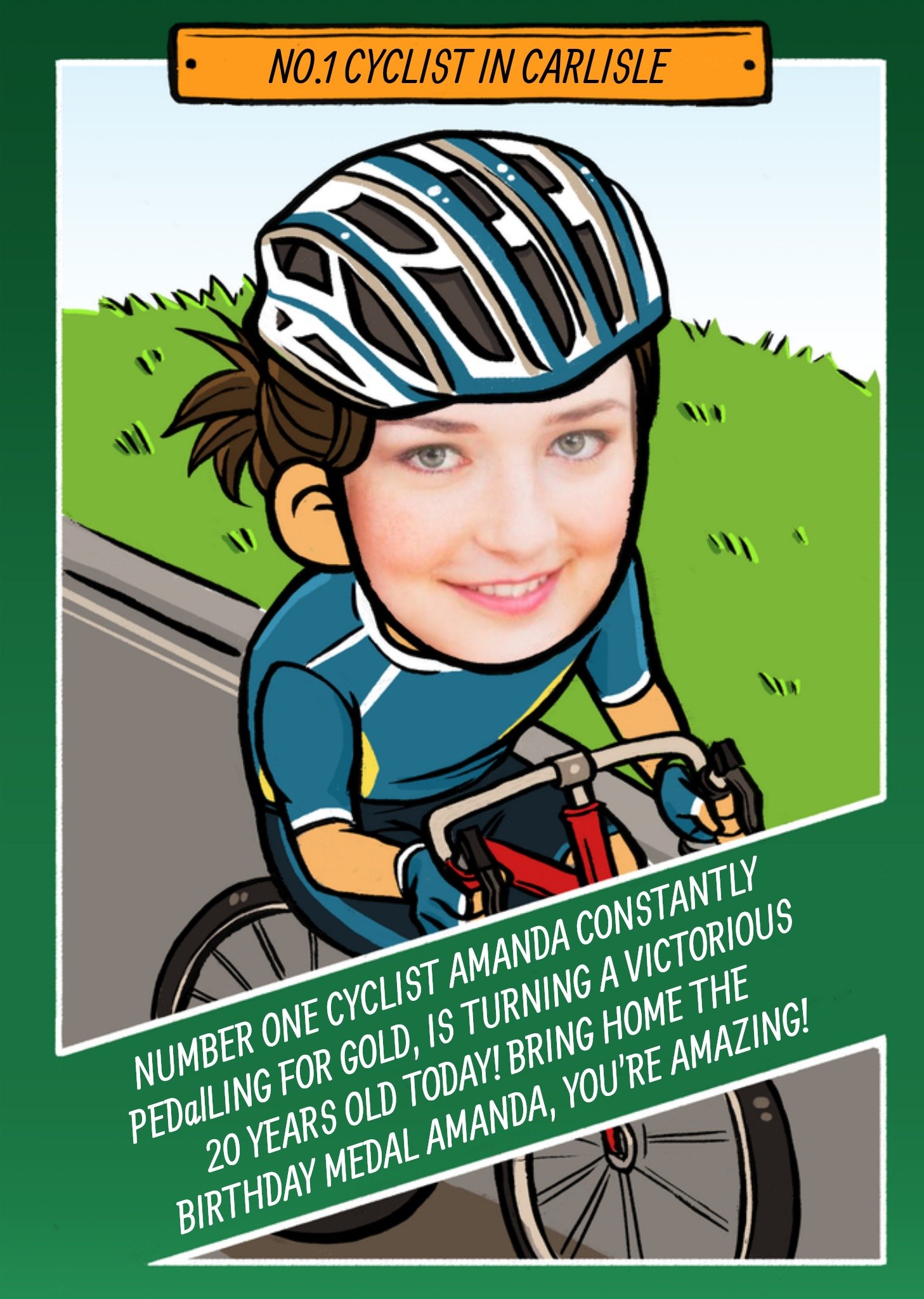 Moonpig Birthday Card - Face In The Hole - Female - Photo Upload - Sport - Cycling
