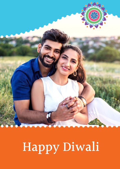 Bright Blue And Orange Happy Diwali Photo Card