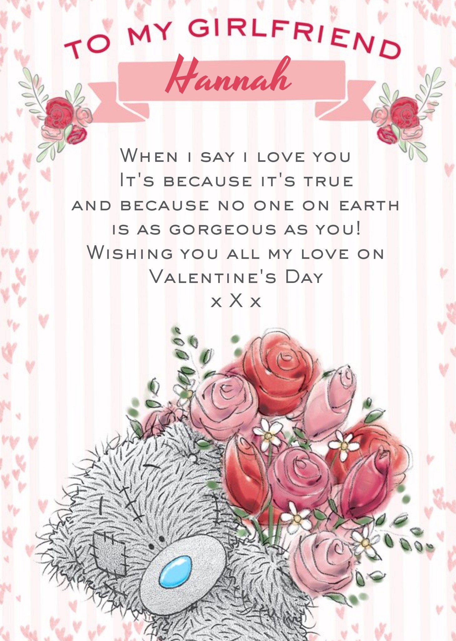 Me To You Tatty Teddy With Roses And Kind Words Personalised Valentine's Day Card For Girlfriend Eca