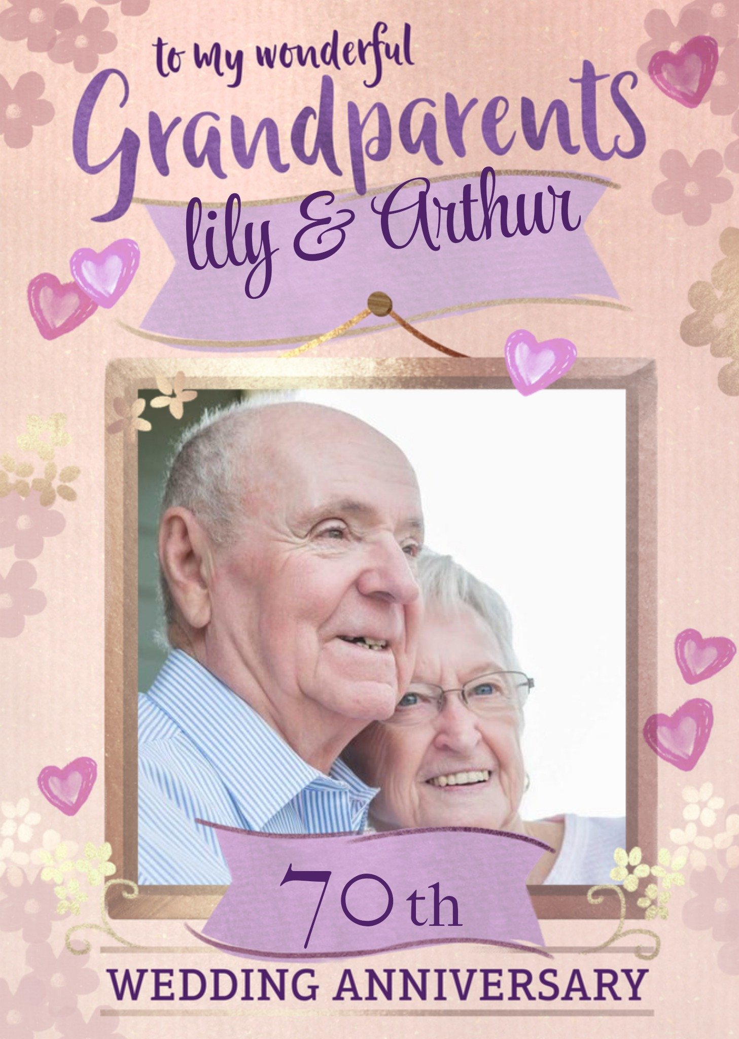 Moonpig Photo Frame With Banners Surrounded By Hearts Grandparent's Photo Upload Anniversary Card